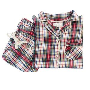 VICTORIA’S SECRET Plaid Pajama Silver Lurex Flannel 98% Cotton Pom Pom Trim L